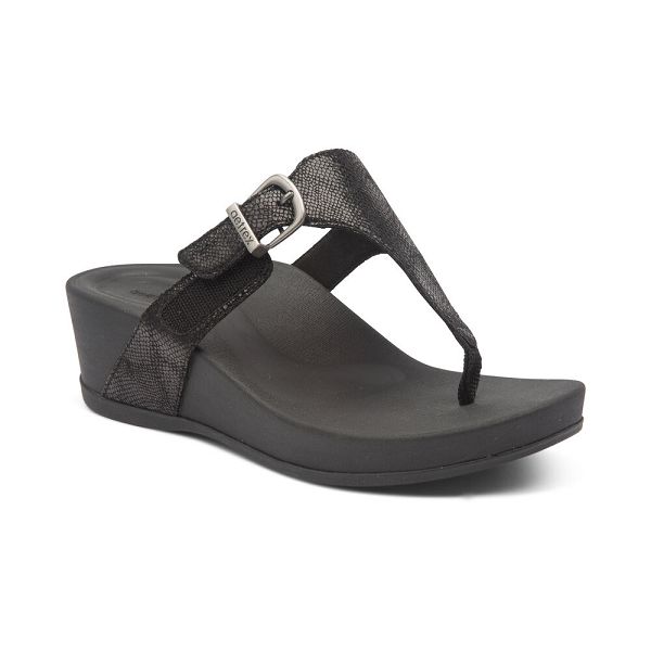 Aetrex Women's Kate WaterFriendly Summer With Arch Support Wedge Sandals - Black | USA GWXNYPP